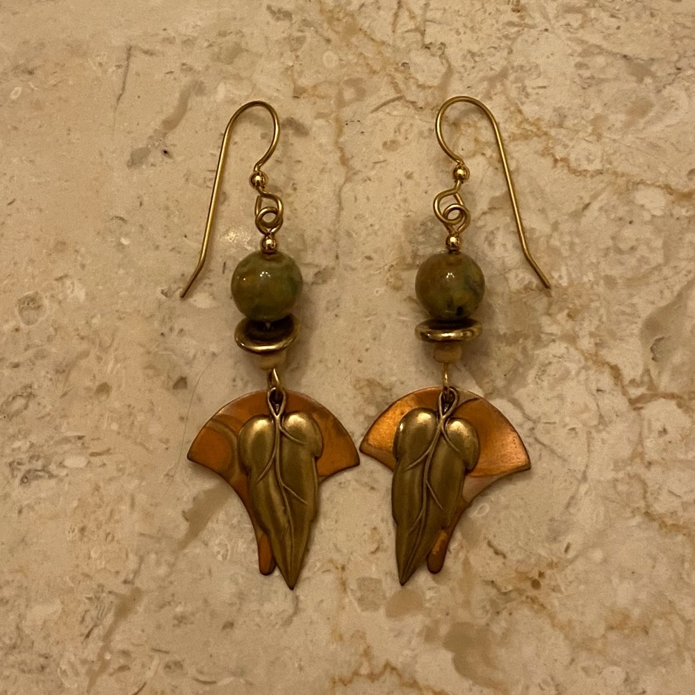 Copper & Brass Leaf Dangle Earrings w Agate Beads